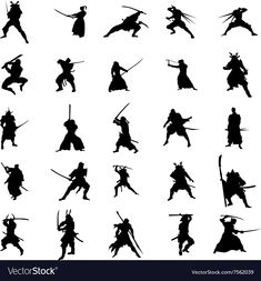 the silhouettes of people with swords are shown in various poses and positions, including one man