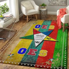 a colorful area rug with an image of a car on it and the word desse written in multi - colored letters