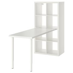 a white desk with a bookcase on the top and bottom shelf above it, against a white background