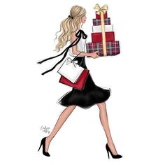 a drawing of a woman carrying presents in her hand and wearing high heeled shoes