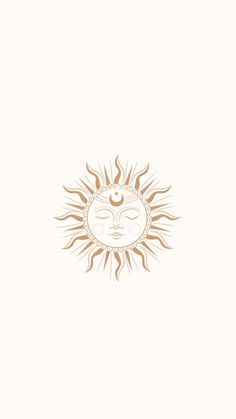 the sun with two faces on it is shown in gold and white, as well as an