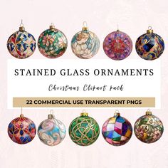 twelve stained glass ornaments with the text, stained glass ornaments christmas ornament pack