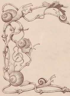 an artistic drawing of snails and vines in the shape of a letter c