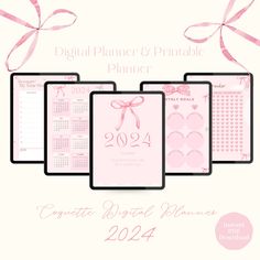 the digital planner and printable planner is shown in three different colors, including pink