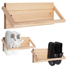 two wooden shelves with shoes on them