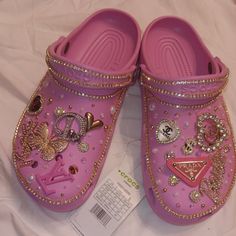 Pink Blinged Out Crocs, Size 10w/8m. Blinged Out Crocs, Barbie Crocs, Bling Crocs, Crocs Pink, Pink Barbie, Women's Crocs, Crocs Shoes, Mule Clogs, Mules Shoes