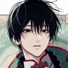 an anime character with black hair wearing a red and white shirt looking at the camera