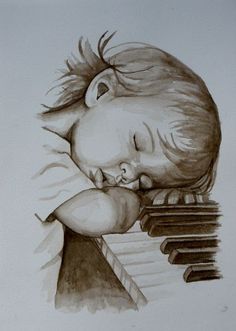 a drawing of a young boy sleeping on top of a piano with his eyes closed