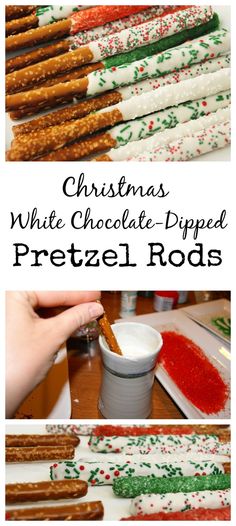 christmas white chocolate - dipped pretzel rods with red and green sprinkles