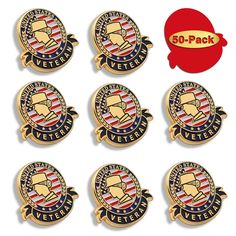 six badges with the words, 50 pack