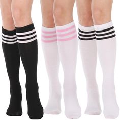 PRICES MAY VARY. SOFT AND STRETCHY: These women knee high socks from DRESHOW ARE crafted from quality polyester blends, which are soft, flexible, comfortable, durable, and breathable. The good elasticity makes you feel comfortable all day long. GREAT VALUE: Each package has 3 pairs of knee socks, multi-color for you to match your different look and occasion. Fresh solid color and stripe, super cute long stockings with shorts and skirts. The black high socks also provide a visual slimming effect. Casual Knee-high Hosiery, Stockings With Shorts, Black High Socks, School Uniform Skirts, Womens Knee High Socks, Striped Stockings, Knee High Stockings, Leg Warmer, Stockings Legs