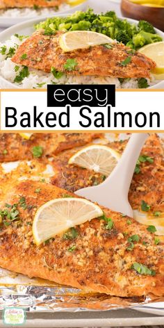 baked salmon with lemons and parsley on top is shown in this easy baked salmon recipe