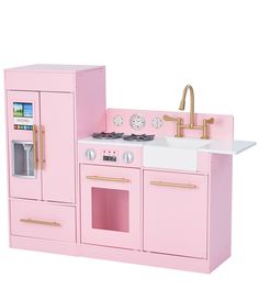 a pink play kitchen with sink, stove and oven in the middle is shown on a white background