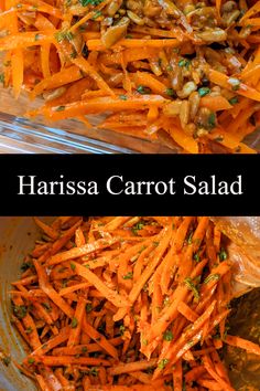 shredded carrots tossed in harissa sauce and sunflower seeds Vegan Harissa Recipes, Harissa Recipes Vegetarian, Harissa Vegetables, Recipes With Harissa, Harissa Carrots, Harissa Paste Recipe, Great Side Dishes, Harissa Salmon, Carrots Recipes