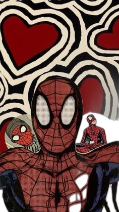 spider - man and his friend are sitting in front of hearts