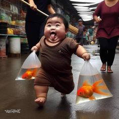 a baby with two plastic bags on it's head and an orange fish in its mouth