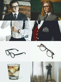 a collage of photos with people wearing glasses and ties, one holding a camera