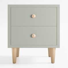 a grey chest of drawers with two wooden handles and one drawer on each side, in front of a white background