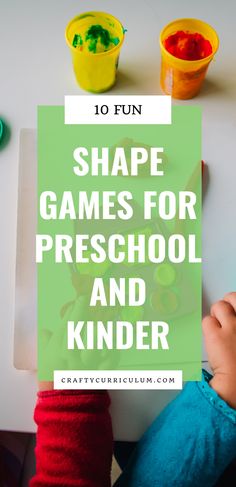 a child's hands holding a paper with the words shape games for preschool and kinder