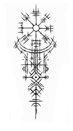 an artistic tattoo design in black ink on white paper, depicting the cross and other symbols