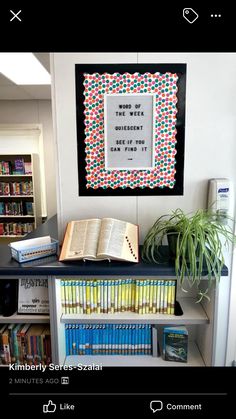 there is a book shelf with books on it and an open book in the middle