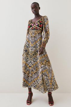 Baroque Embroidered And Bead Woven Midi Dress | Karen Millen V-neck Dress With Multicolor Floral Embroidery, V-neck Dress With Intricate Multicolor Embroidery, Festive V-neck Embellished Maxi Dress, Fitted Floor-length Dress With Multicolor Embroidery, Floor-length Fitted Dress With Multicolor Embroidery, Fitted Multicolor Embroidery Floor-length Dress, Floral Print Embroidered Maxi Dress For Party, Floral Print Maxi Embroidered Dress For Party, Elegant Festive Dress With Multicolor Embroidery