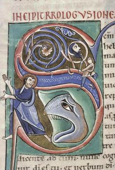 an illuminated manuscript with a depiction of a woman and a dinosaur