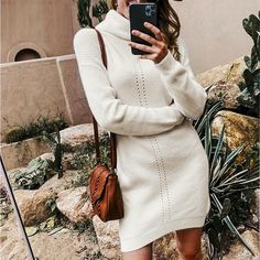 casual knitted turtleneck office pullover sweater mini dress Fall Sweater Dresses, Casual Knit Dress, Winter Sweater Dresses, Church Clothes, White Sweater Dress, Dress Office, Mini Dress Fashion, Sweater Dresses, High Neck Sweater