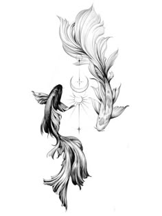 two black and white koi fish in front of the sun with stars on it