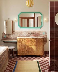 a bathroom with a vanity, mirror and bathtub