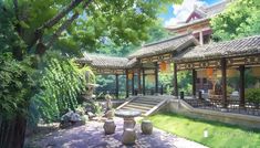 an artistic painting of a courtyard with steps leading up to the building and trees surrounding it