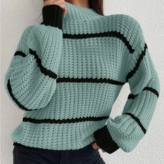 Striped Mock Neck Drop Shoulder Turtleneck Sweater. This Listing Is For Seafoam Green Sweater, Other Colors Listed Separately. Ships In 6-10 Days~All Purchases Shipped With A Special Gift 100% Acrylic Size Tags Are Letters S-(4) M-(6) L-(8-10) Cadet Blue, Top Jeans, Mode Casual, Drop Shoulder Sweaters, Casual Stripes, Beige Sweater, Really Cute Outfits, Denim Overalls, Cute Sweaters