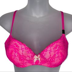 Nwt Victoria's Secret Bra Bright Pink With Lace Size: 32d Some Of The Lace Sparkles Pushup Padding Underwire Adjustable Straps 3 Rows Of Closures Smoke Free/ Dog Friendly Home Reasonable Offers Always Considered Bundle 2 Or More Items To Save Cheap Pink V-neck Bra, Front Zip Sports Bra, 32d Bra, Coverage Bras, Red Bra, Victoria Secret Body, White Bras, Triangle Bralette, Victoria Secret Sport