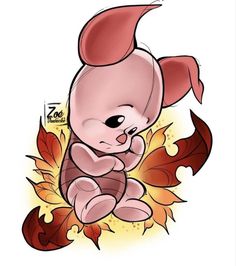 a drawing of a baby bunny sitting on top of autumn leaves with its head turned to the side