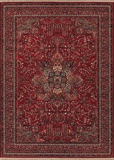 a red rug with an intricate design on the middle and bottom, surrounded by smaller flowers