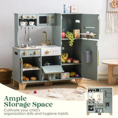 an advertisement for a children's play kitchen with lots of storage space and organization