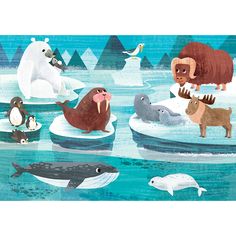 an illustration of animals on ice floes in the water with penguins and seagulls