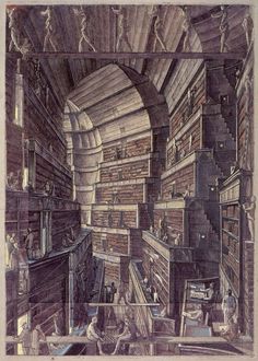 this is an illustration of a room with bookshelves and people in the background