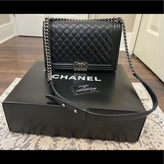 Great Bag, Super Cute And Stylish. Size Medium. Has Some Scratches, Shown On Pictures. Measurements 11x7x3” Chanel Boy Bag, Chanel Bag, Black Silver, Super Cute, Bag Lady, Chanel, Silver, Black, Color