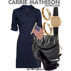 a woman in black shirt dress and heels with american flag on her purse, holding a watch