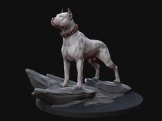 a statue of a dog standing on top of a rock with a collar around it's neck