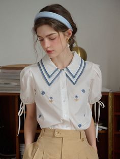 White Casual Collar Short Sleeve Woven Fabric Floral Shirt,Top Embellished Non-Stretch  Women Clothing Cookie Embroidery, Modest Summer Tops, Persian Fashion, Simple Retro, Embroidery On Clothes, Simple Blouse, Retro Women, Simple Shirts, Button Up Blouse