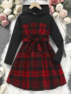 Mode Indie, Cute Dress Outfits, Shein Outfits, Hooded Dress, Modest Fashion Outfits, Really Cute Outfits, Mode Vintage, Plaid Print, Plaid Dress