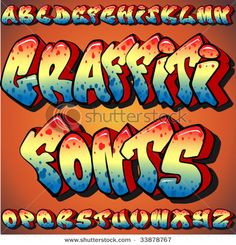 an old school graffiti font and lowercase letters in red, blue, yellow and orange