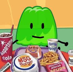 an image of a cartoon character surrounded by food