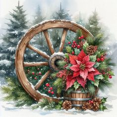 a watercolor painting of a wagon wheel with poinsettis and pine cones