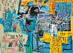 an abstract painting with blue, yellow and black colors on it's surface that has graffiti all over it