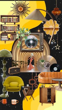 a collage of furniture, bookshelves and other items in an art deco style