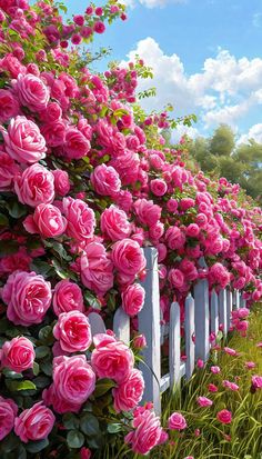 pink roses are growing on the side of a white picket fence in front of green grass and blue sky