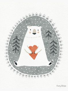 a polar bear holding a heart in its paws with pine trees around it and snowing on the ground